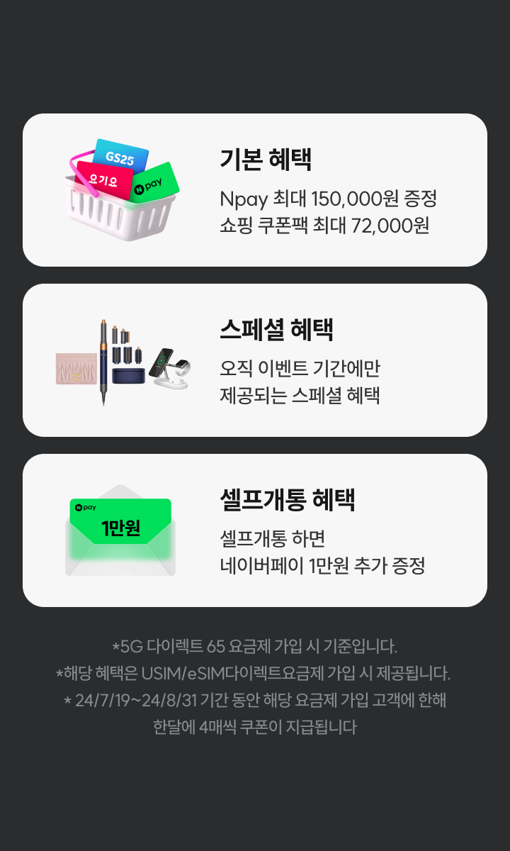1.기본 혜택 : Npay 최대 150,000원 증정 쇼핑 쿠폰팩 최대 72,000원 / 2.스페셜 혜택 : 오직 이벤트 기간에만 제공되는 스페셜 혜택 / 3.셀프개통 혜택 : 셀프개통 하면 네이버페이 1만원 추가 증정